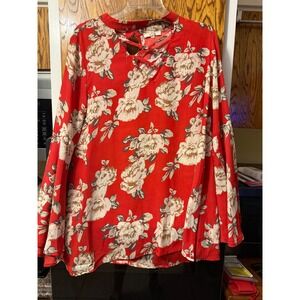 Easel Red Floral Bell Sleeve Blouse‎ Lattice Neck Strappy Boho Top Large